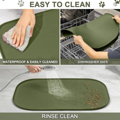 Waterproof Silicone Pet Food Mat with Raised Edge for Dog & Cat (Light Olive Green / 36"L x 24"W)