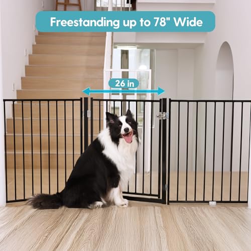 Freestanding Dog Gate with Door for Indoor & Outdoor (Black / 【3 Panels with Door】78"W×30"H)