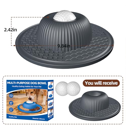 2-in-1 Dog Slow Feeder Bowl & Lick Mat with 2 Rotatable Balls, No-Slip Silicone Anxiety Relief Treat Mat for Dogs & Cats, Dishwasher Safe (Gray) (Gray)