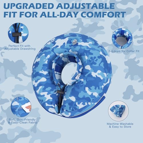 Inflatable Recovery Dog Cone Collar (Blue Camo / Large + (Neck:18''-20''))