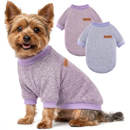 2 Pack Dog Sweaters for Small Dogs Girl Boy Winter Fleece Clothes Warm Soft Dog Sweatshirt Outfit for Dogs Cats Pet Apparel (Blue Purple+ Sweet Purple / L (Back: 15.7", Chest: 19.6", 14-18 lbs))
