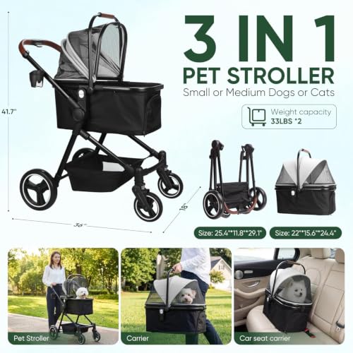 3-in-1 Foldable Pet Stroller for Dogs/Cats (Gray / Single)