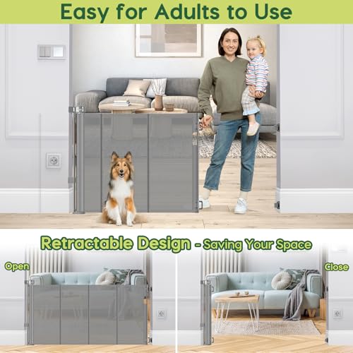Reinforced 55" Wide Retractable Dog Gate with Support Rods (Gray / 33" Tall x 55" Wide（ With Reinforced Bar ）)