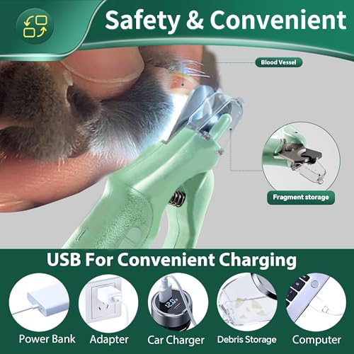 2 in 1 Dog Nail Clippers & Cat Nail Clippers Trimmers for Large Medium Small Dogs Cats Claw Trimmer Quick Sensor and Safety Guard USB Rechargeable Dogs Nail Trimmer with Catcher & 2 LED Lights (Green)