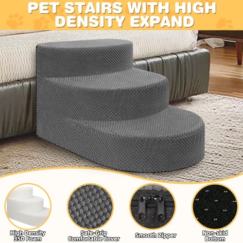 Dog Stairs 3 Steps Foam Pet Ramp for Small Dogs Cats (Gray-3-Step)