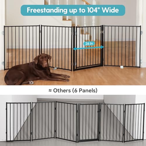 Freestanding Dog Gate with Door for Indoor & Outdoor (Black / 【4 Panels with Door】104"W×30"H)
