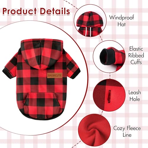 Dog Basic Hoodie Soft Dog Clothes Cold Weather Sweaters for Medium Large Dogs Cozy Fabric Warm Sweatshirt with Leash Hole for Boys (Red Plaid / XS (Back: 10.24",Chest: 14.96", 2-5 lbs))