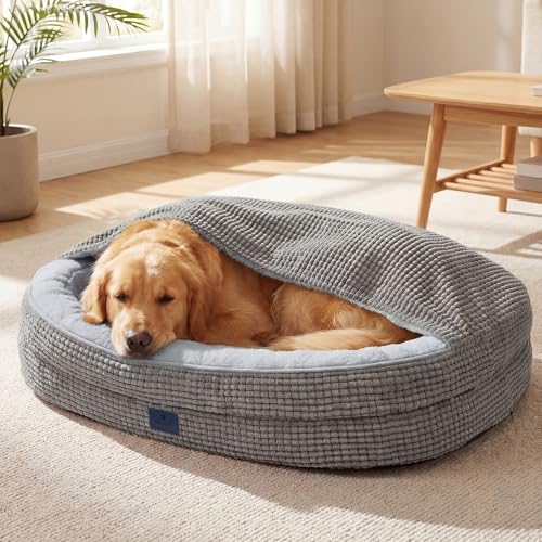 2-in-1 Dog Cave Bed with Cover, Covered Dog Bed for Large Dogs (Gray / 48"L x 35"W x8"Th)