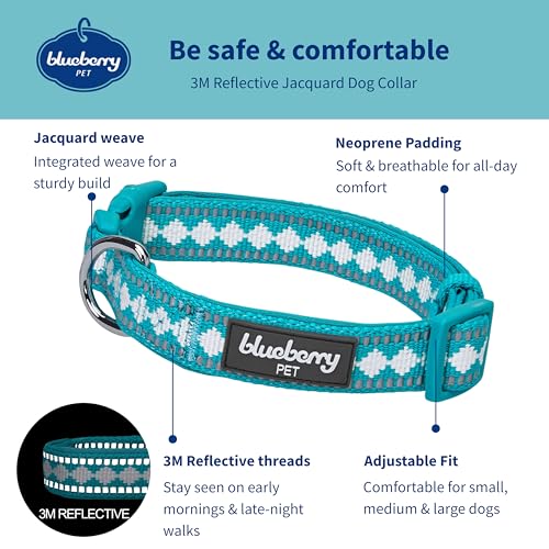 3 Colors 3M Reflective Jacquard Neoprene Padded Adjustable Dog Collar (Small / Polyester Buckle- Peacock)
