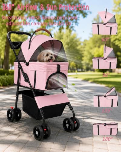Pet Stroller 3 in1 Foldable Dog Cat Stroller with Detachable Carrier (PINK)