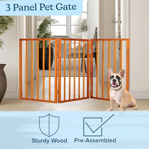 Pet Gate - 3-Panel Indoor Foldable Dog Fence for Stairs or Doorways - 54x24-Inch Retractable Wood Freestanding Dog Gates by PETMAKER (Mahogany) (Mahogany / 3 Panel)