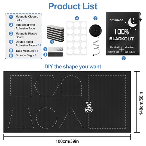 100% Magnetic Black Out Window Cover 39" x 58" Blackout Blinds No Drill (39" X 58")