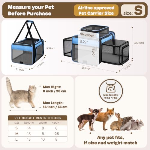 Top and 2 Sides Expandable Pet Carrier 17x11x9.5 TSA Airline Approved (Blue / 17.0"L x 11.0"W x 9.5"H)