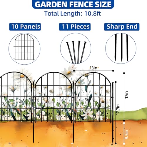 Decorative Garden Fence (10 Panels, 17in X 10.8ft / Black)