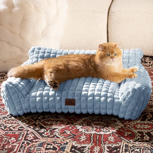 Cat Couch Bed with Fluffy Faux Rabbit Fur for Indoor Cats (Light Blue / Medium: 30"L x 20"W x 10"Th)