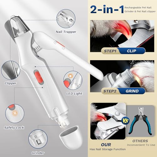 2-in-1 Dog & Cat Nail Clippers and Grinder with Catcher & 2 LED Lights (White)