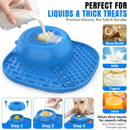 Slow Feeder Dog Bowl with Rotating Lick Ball Blue (Blue)