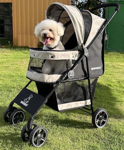 4 Wheel Dog Cat Pet Stroller Best Lightweight Foldable Compact Portable Jogger All Terrain Travel Pet Gear Puppy Doggie Bunny Kitty Stroller for up to 30lbs Medium Small Dogs Cats (Light khaki)