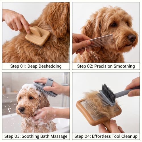 Slicker Brush for Dogs Grooming Kit with Cleaning Rake Tool 4PCS (Naturally)
