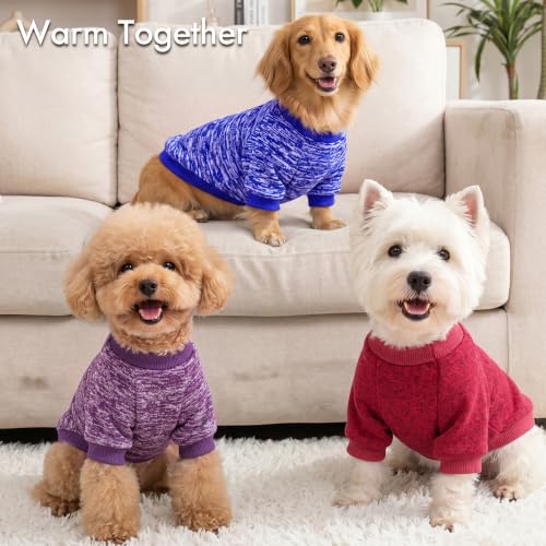 3 Pack Dog Sweaters for Small Dogs Girl Boy Winter Fleece Clothes Warm Soft Dog Sweatshirt Outfit for Dogs Cats Pet Apparel (Purple+ Wine Red+Dark Blue / XL (Back: 17.7", Chest: 22.8", 18-22 lbs))
