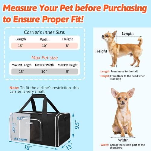 Small Pet Carrier 18"x13"x9.5" with Wheels Airline Approved (18.0"L x 13.0"W x 9.5"H / Black and Wheeled)