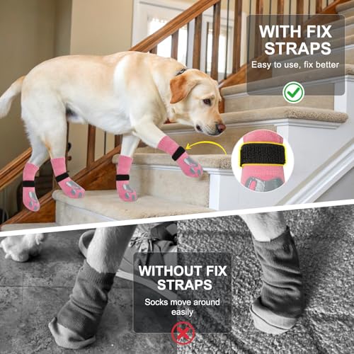 Dog Socks to Prevent Licking Paws Double Sided Grip Traction (Pink(Paw) / XL(3.1"-3.5" W | Pack of 4))