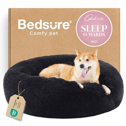Calming Dog Bed Medium Size Dog Donut Washable Pet Bed (30"L x 30"W x 8"Th / Black)