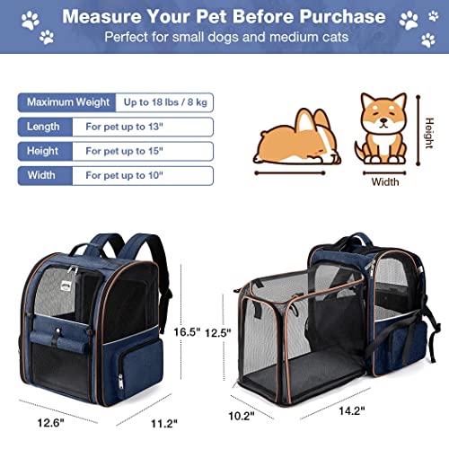 Large Cat Backpack Carrier Expandable Pet Carrier Backpack for Small Dogs Medium Cats Fit Up to 18 Lbs (Blue)