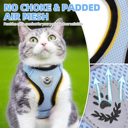 Cat Harness and Leash Set Escape Proof Reflective Cat Walking Harness Adjustable Soft Breathable Mesh Vest for Small Pets (S (NECK 9.5"-11", CHEST 13"-16") / Sky Blue)