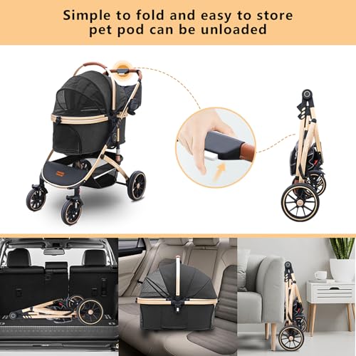 Dog Stroller with Removable Carrier Foldable Pet Stroller (Black)