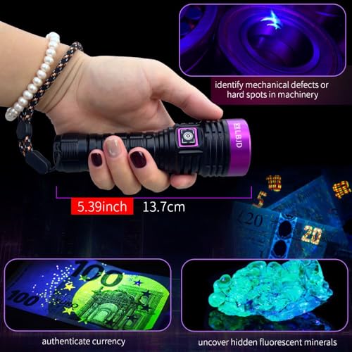 UV Black Light 365 nm Rechargeable Flashlight with Filter for Pet Urine (Black and Purple)
