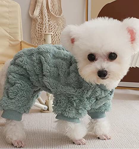 Plush Dog Pajamas for Cold Weather 4 Legged Clothes for Dog Cat Stretchy Puppy Kitten Onesie with Buttons Warm Soft Pet Jumpsuit Winter Coat Green Small (Small / Green)