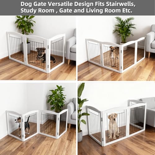 Freestanding Foldable Dog Gate for House Extra Wide Wooden White Puppy Gate Stairs Dog Gates Doorways Tall Pet Gate 3 Panels Pet Fence (White / 【3 Panels】60''w x 32''h)
