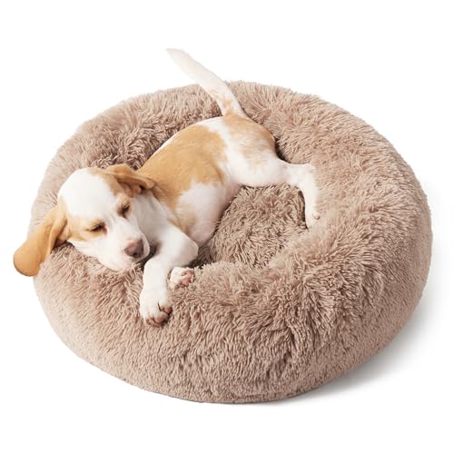 Calming Small Dog Bed Donut Washable Cat＆Puppy Bed (23"L x 23"W x 8"Th / Camel)