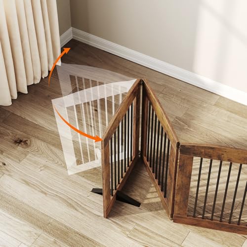 Indoor Dog Gate with Support Feet (Rustic Brown / 【4 Panels】80.3"L x 24"H)