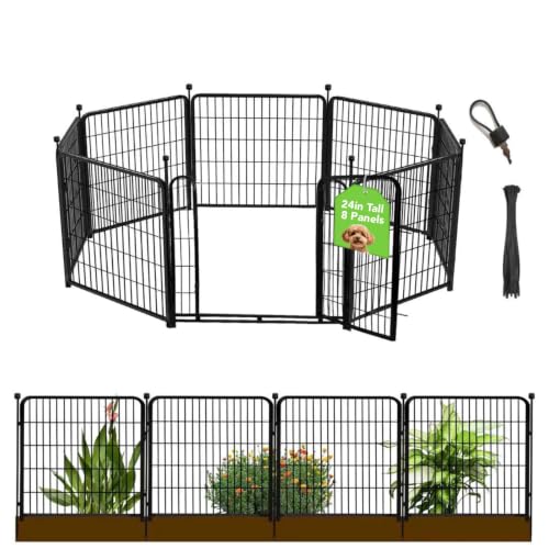 24 in(H) Decorative Garden Fences with Gate, 8 Panels Total 15.7 ft(L) Heavy Duty Iron Animal Barrier Fence for Yard,Suitable for Indoor Pet Fence Or Outdoor Dog Fencing, Garden Border Fence (24''(H)-8panels-15.7ft(L))