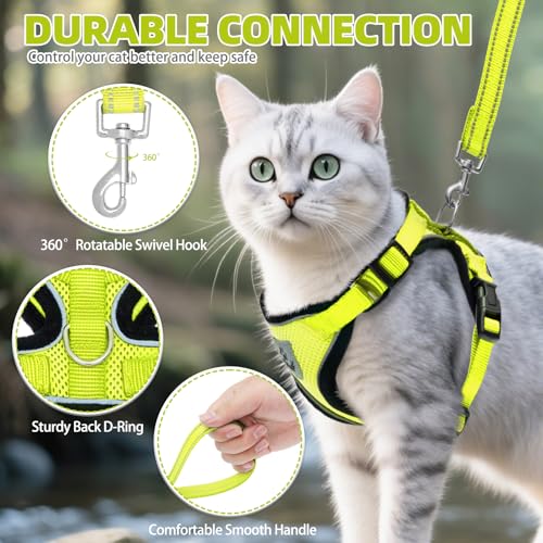 Cat Harness and Leash Set Escape Proof Reflective Cat Walking Harness Adjustable Soft Breathable Mesh Vest for Small Pets (M (NECK 11"-13.7", CHEST 16"-20") / Fluorescent Yellow)