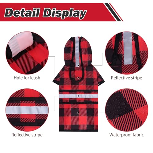 Dog Raincoat Hooded Slicker Poncho with Leash Hole (S:10-15lbs / Plaid Red)
