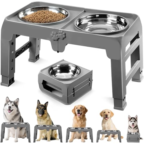 Elevated Dog Bowls for Large Dogs 5 Adjustable Heights 7.5" (Grey / 10" for Large Dogs)