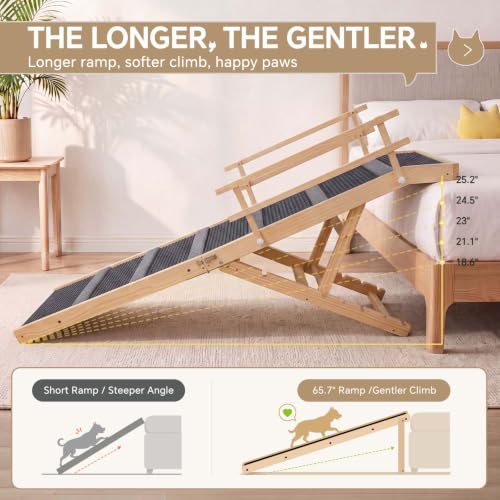 Wooden Dog Ramp for High Bed 65.7" Extra Long Solid Wood Pet Ramp with Non