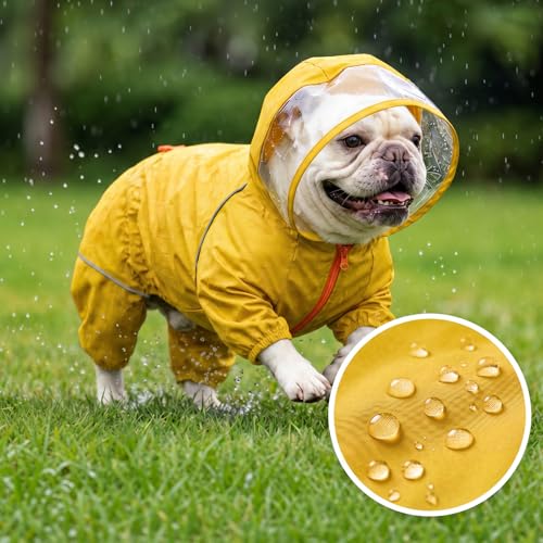 Dog Raincoat Rain Jacket with Clear Hood and Broad Chest Fit (Yellow / Large)