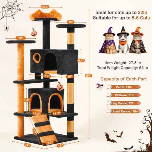 54in Gothic Cat Tree (Black/Pumpkin Orange / 54in)