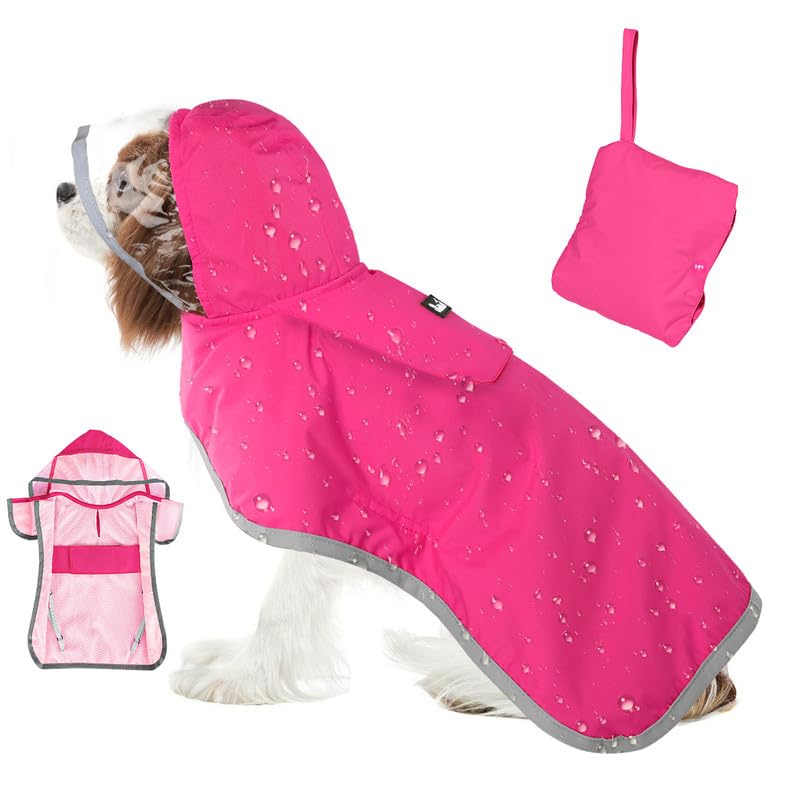 Dog Raincoat Waterproof Dog Rain Jacket with Clear Hooded (Fuchsia / Medium)