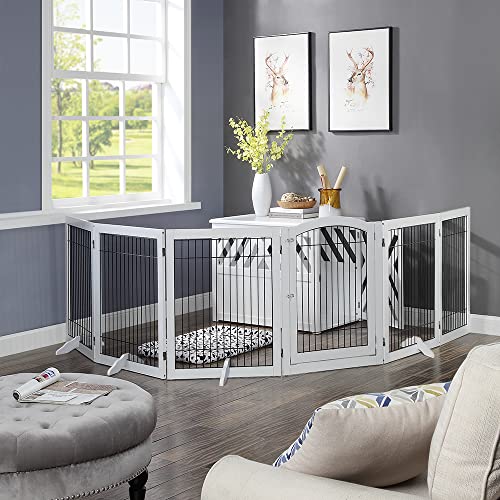 144" Extra Wide Dog Gate and Pet Playpen with Walk Through Door (White / 144"W×31.5"H)