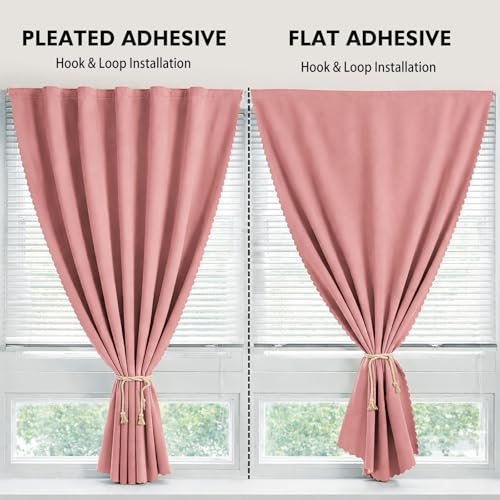 Magic Tape Stick on Curtains Blackout Curtains for Bedroom no Drillng Self Adhesive Curtain no Rod Small Window (Pink / 59"W x 79"L (Pack of 2))