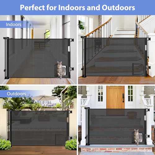Retractable Baby Gates with Cat Door 80" Wide Retractable Dog Gate with Pet Door Outdoor Retractable Gate for Dogs Retractable Pet Gate with Door Mesh Baby Gate Retractable Mesh Dog Gate (Black / 33" X 80"（With Cat Door ）)