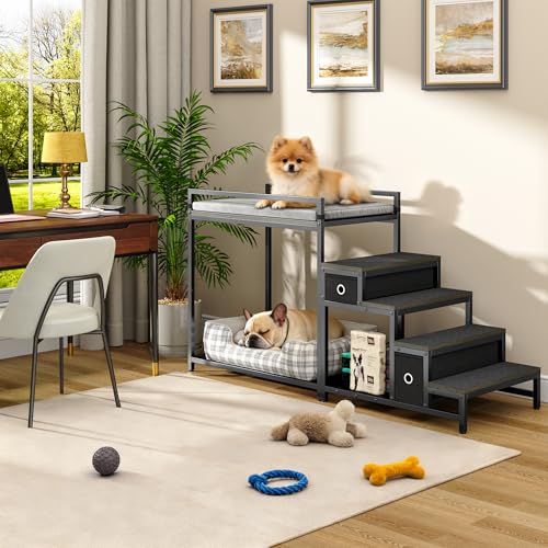 Pet Bunk Bed with Stairs and Storage (Grey)