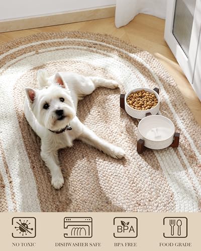 Dog Bowl Set Ceramic Bowls with Walnut Wood Stand (Five-leaf Grass+Honeycomb / 2 Cups)