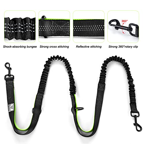 Retractable Hands Free Dog Leash with Dual Bungees for 2 Dogs (Green/Black)