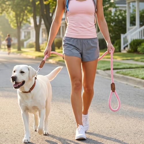 Dog Leash Braided Cotton Rope with Leather (Pink / 48 Inch-1/2")